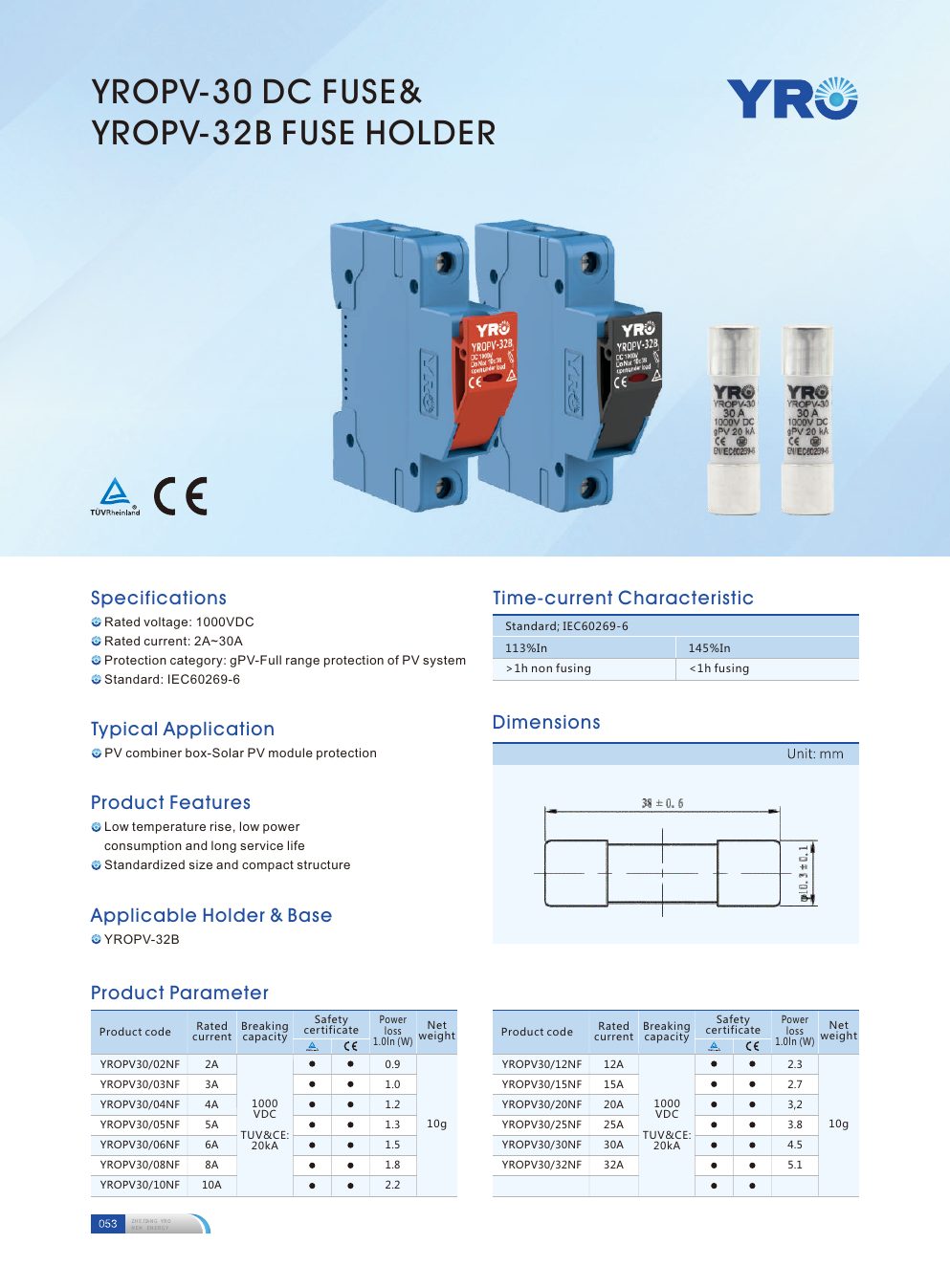 YROPV-30 DC Fuse and Holder catalogue specifications