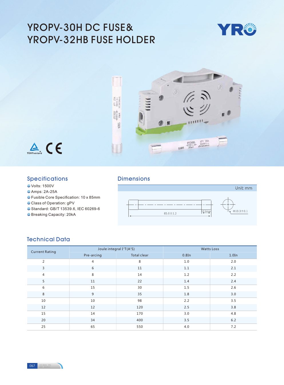 YROPV-30H DC Fuse Series catalogue specifications