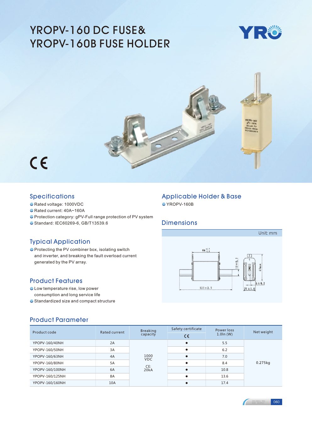 YROPV-160 DC Fuse Series catalogue specifications