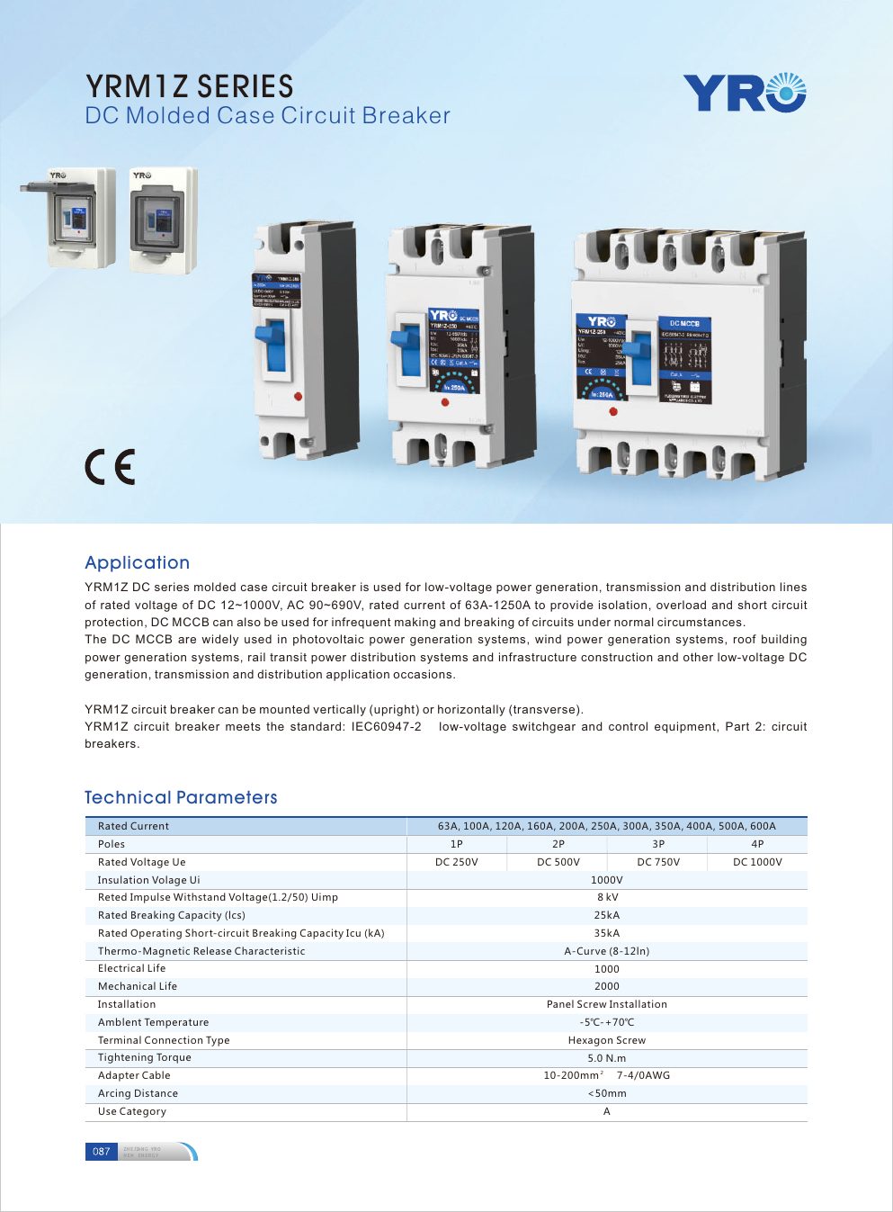 YRM1Z DC Molded Case Circuit Breaker catalogue specifications