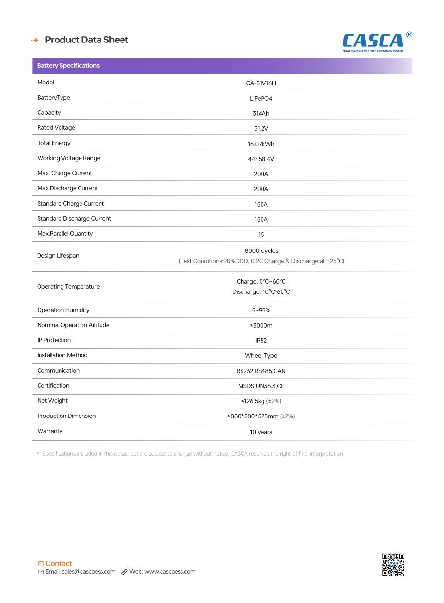 CASCA CA-51V16H 16.07kWh LiFePO4 Lithium Battery technical datasheet page