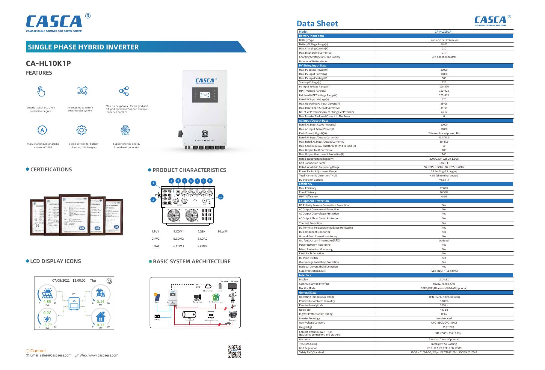 CASCA CA-HL10K1P 10kW Single-Phase Solar Hybrid Inverter technical datasheet page