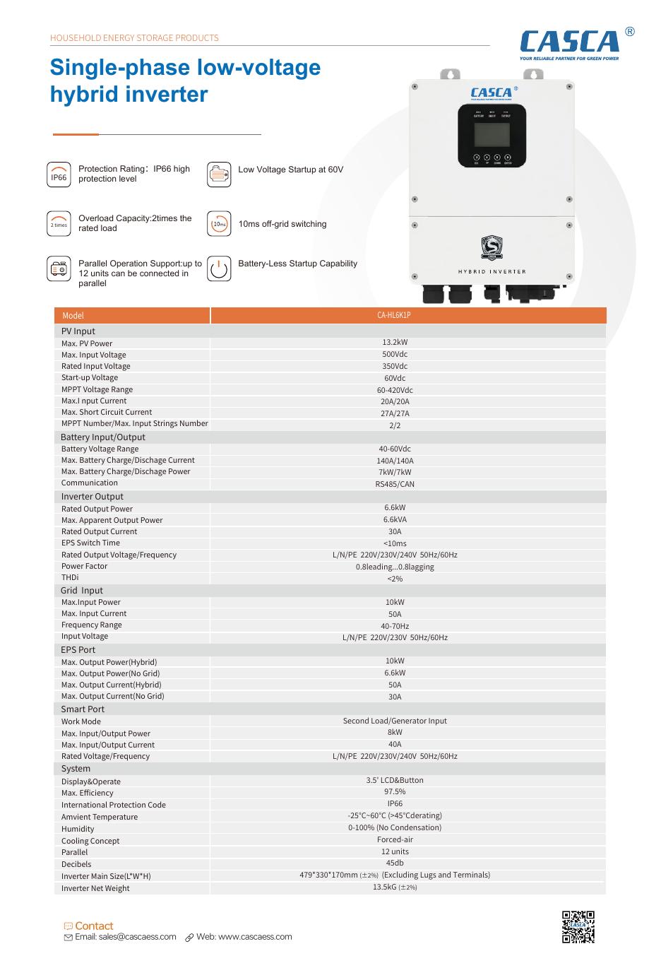 CASCA CA-HL6K1P 6kW Single-Phase Low-Voltage Solar Hybrid Inverter technical datasheet page