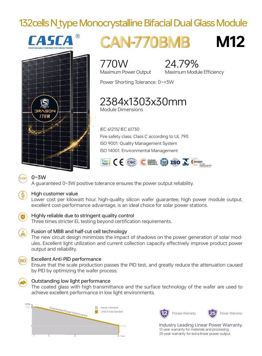 CASCA Dragon 770W N-Type Monocrystalline Bifacial Dual-Glass Solar Panel technical datasheet page