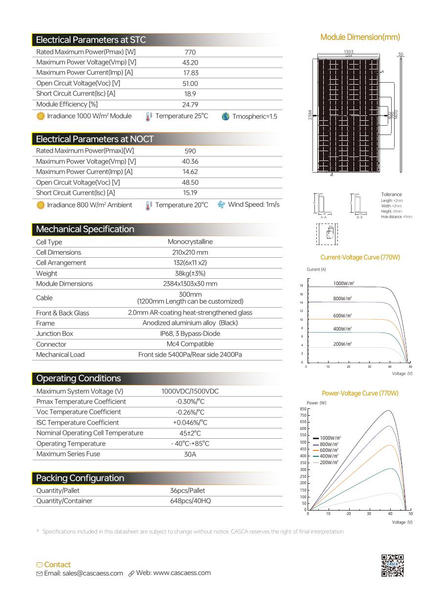 CASCA Dragon 770W N-Type Monocrystalline Bifacial Dual-Glass Solar Panel technical datasheet page